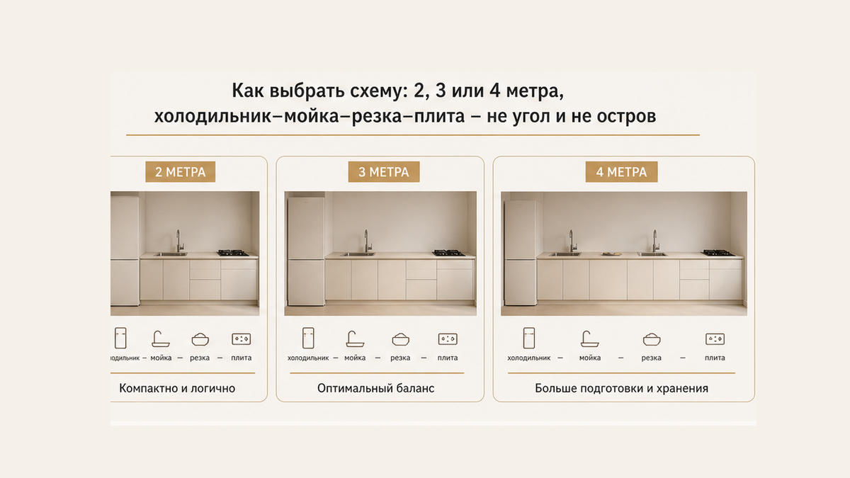 Три фото-схемы прямой кухни 2, 3 и 4 метра: холодильник, мойка, резка, плита; пенал с торца