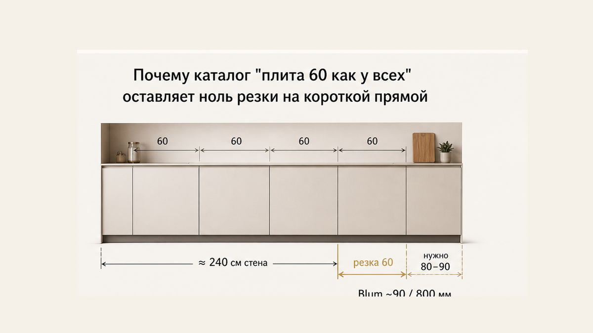 Сравнение фото-пропом: каталог «плита 60» на стене 2,4 м оставляет резку 60 см против Blum ~90 и 800 мм