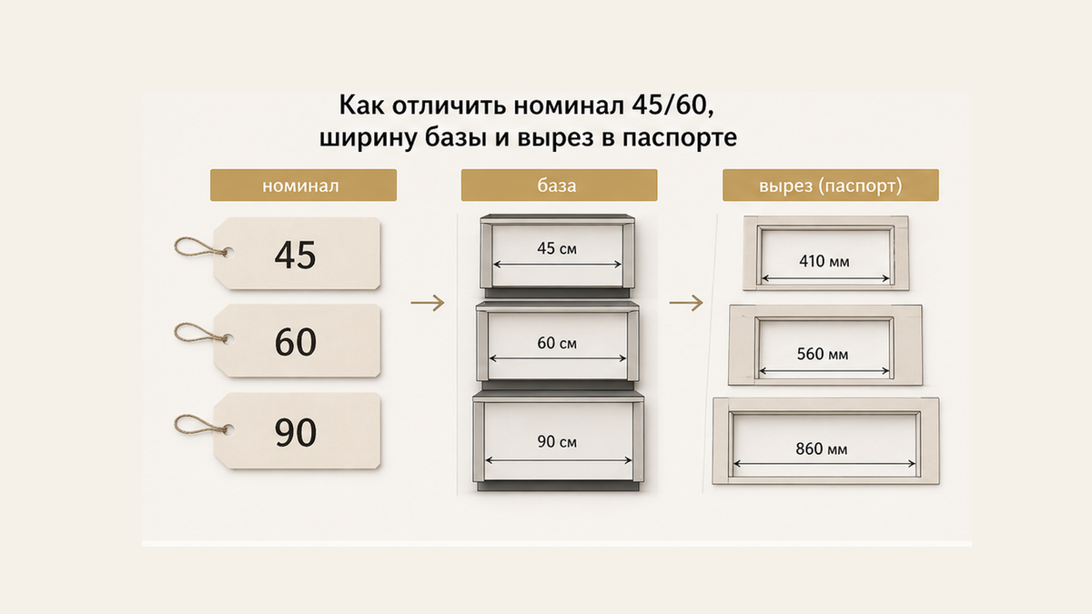 Три слоя на кремовых карточках: номинал 45/60/90, ширина базы и вырез из паспорта