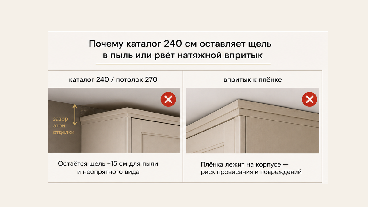 Сравнение двух ошибок высоты: каталог 240 при потолке 270 даёт щель в пыль, корпус впритык рвёт натяжную плёнку