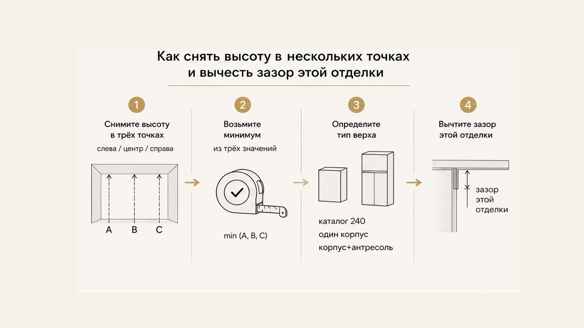 Схема: высоты слева, центр и справа, обвести минимум, вычесть зазор этой отделки — не среднее блогов