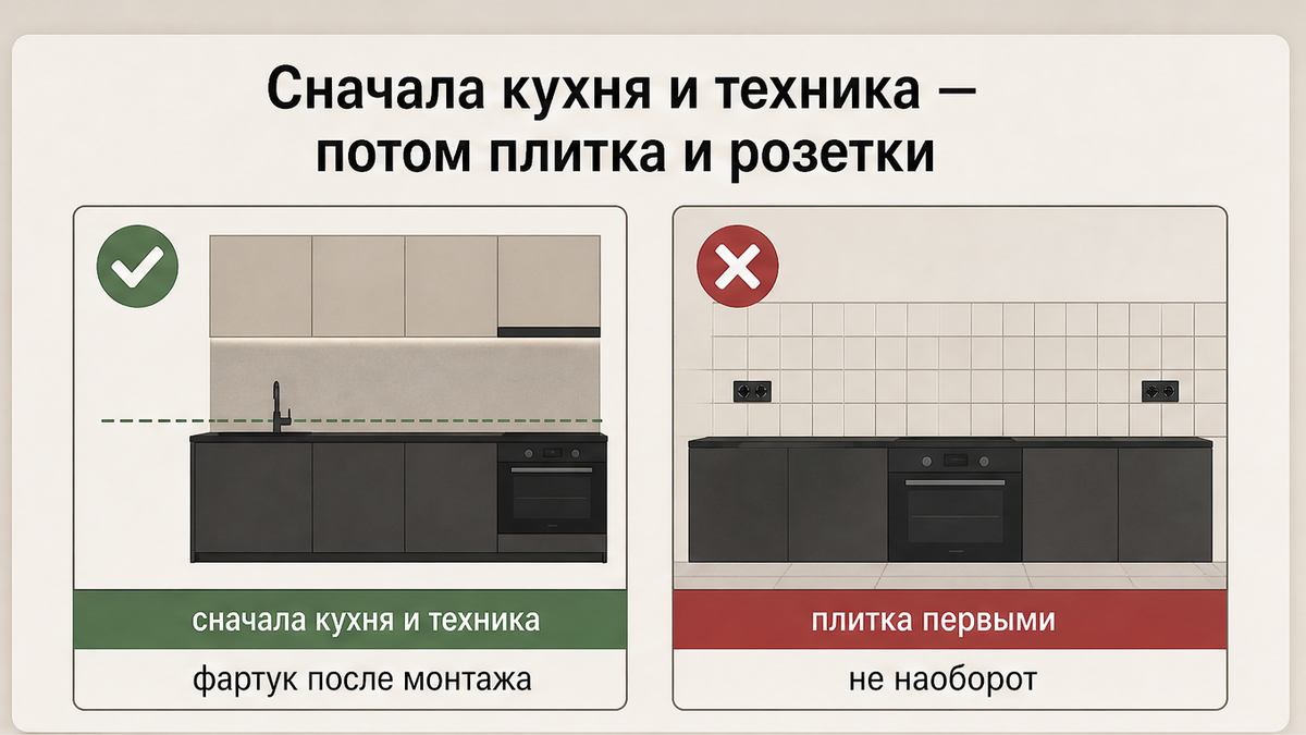 Схема: сначала кухня и техника — потом плитка и розетки