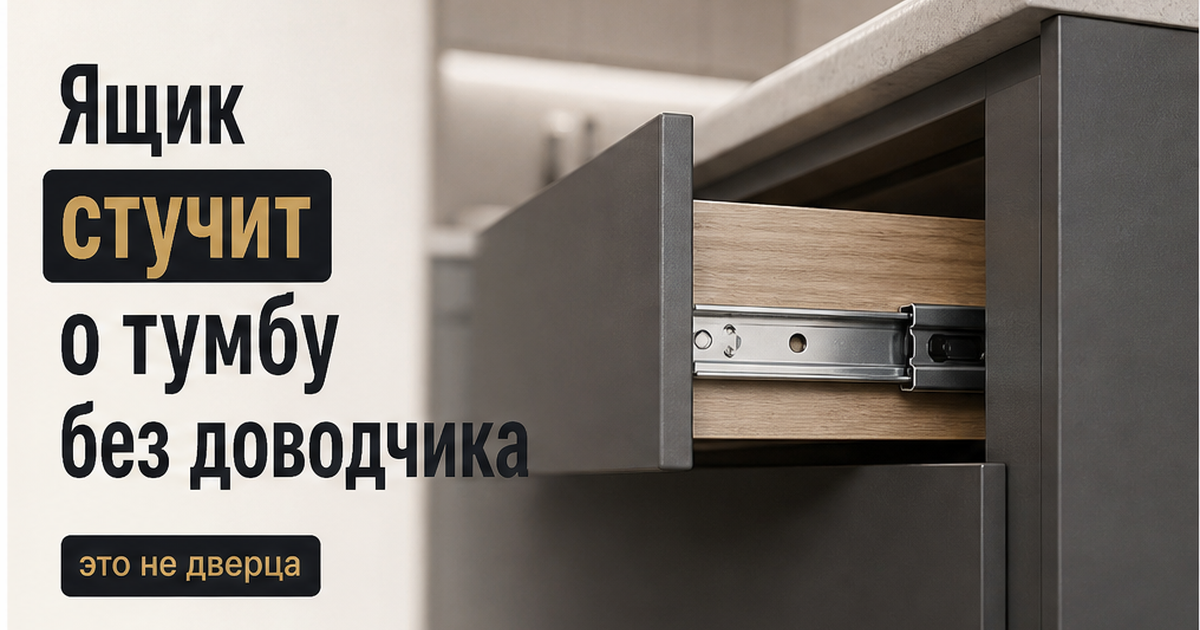 Иллюстрация: кухонный ящик стучит о тумбу без доводчика на направляющих