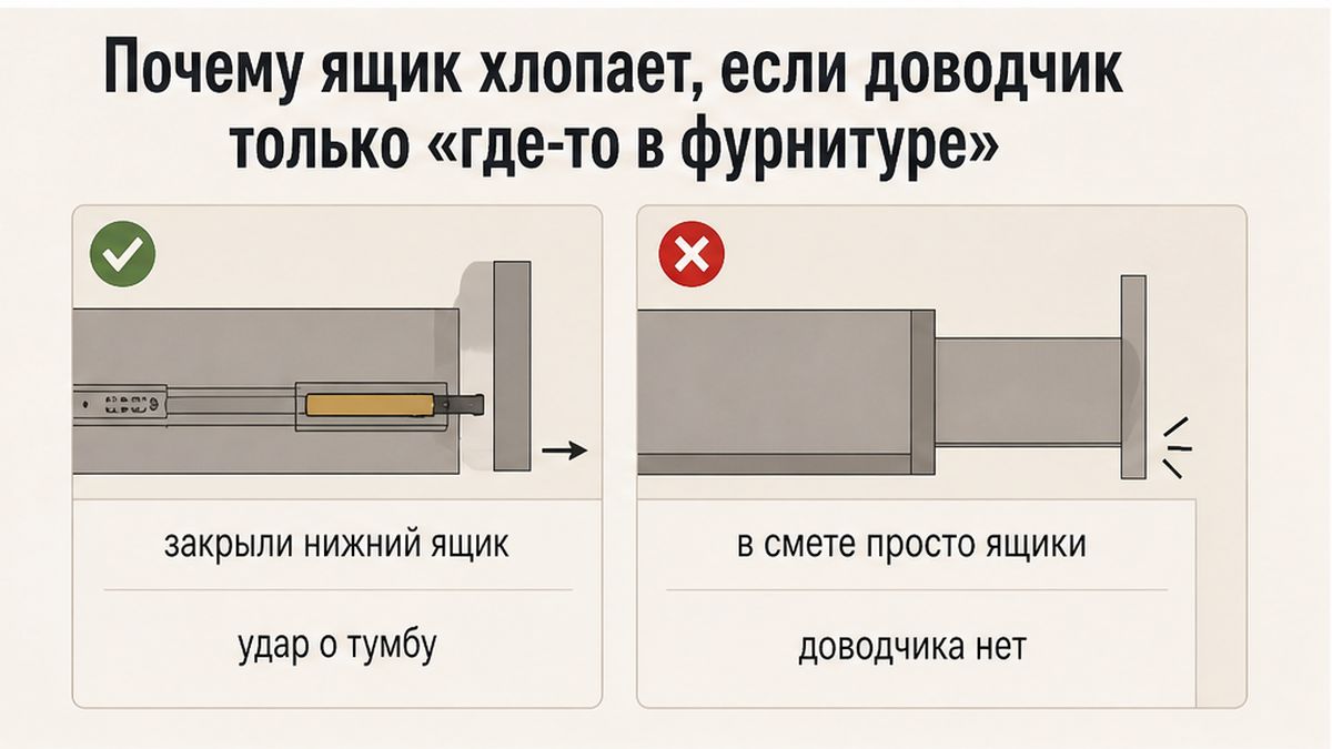 Схема: почему ящик хлопает, если доводчик только «где-то в фурнитуре»