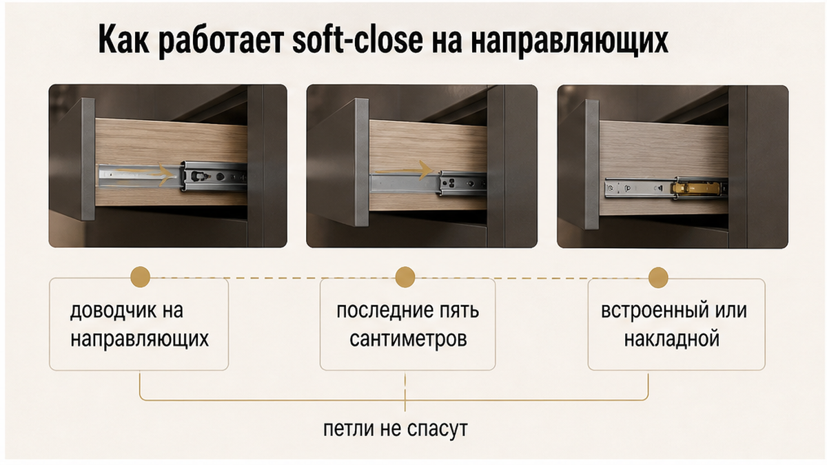 Схема: как работает soft-close на направляющих ящика
