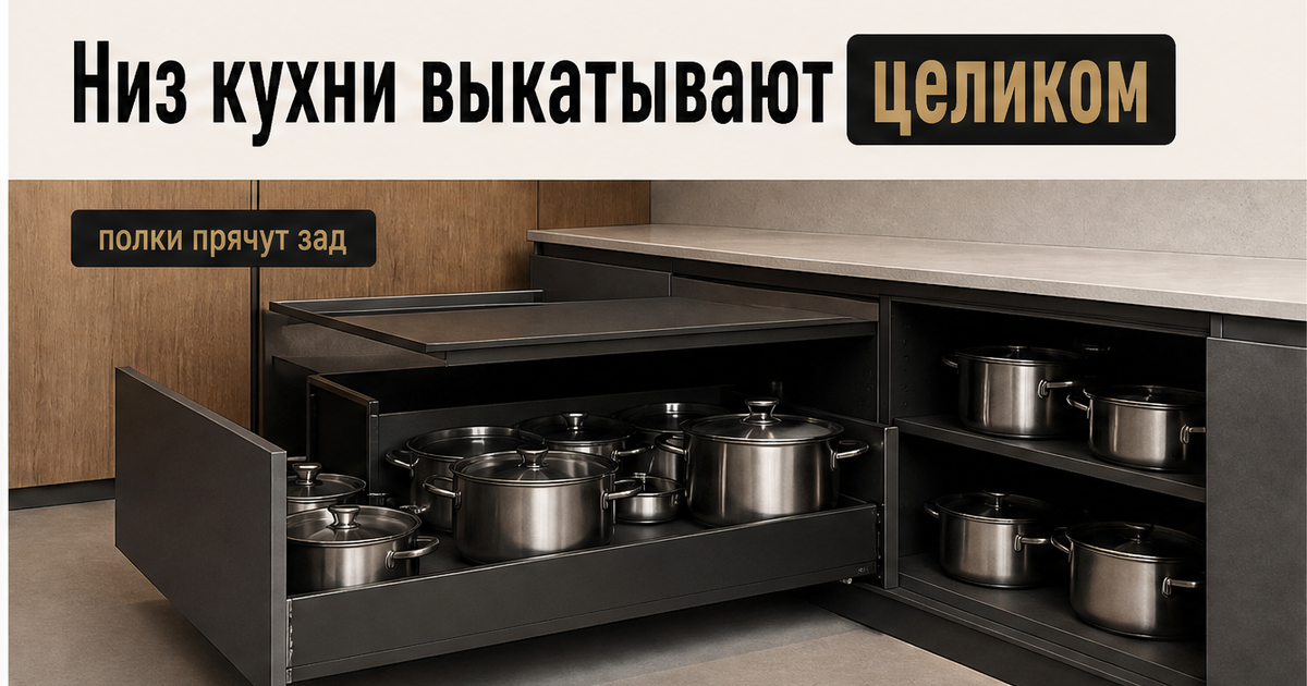 Иллюстрация: нижнюю тумбу кухни выкатывают ящиком с кастрюлями