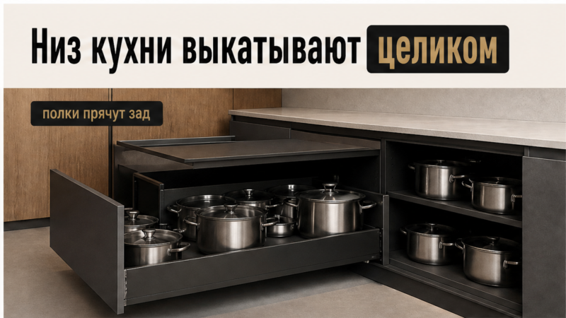 Нижнюю базу кухни собирают ящиками полного выдвижения, а не полками