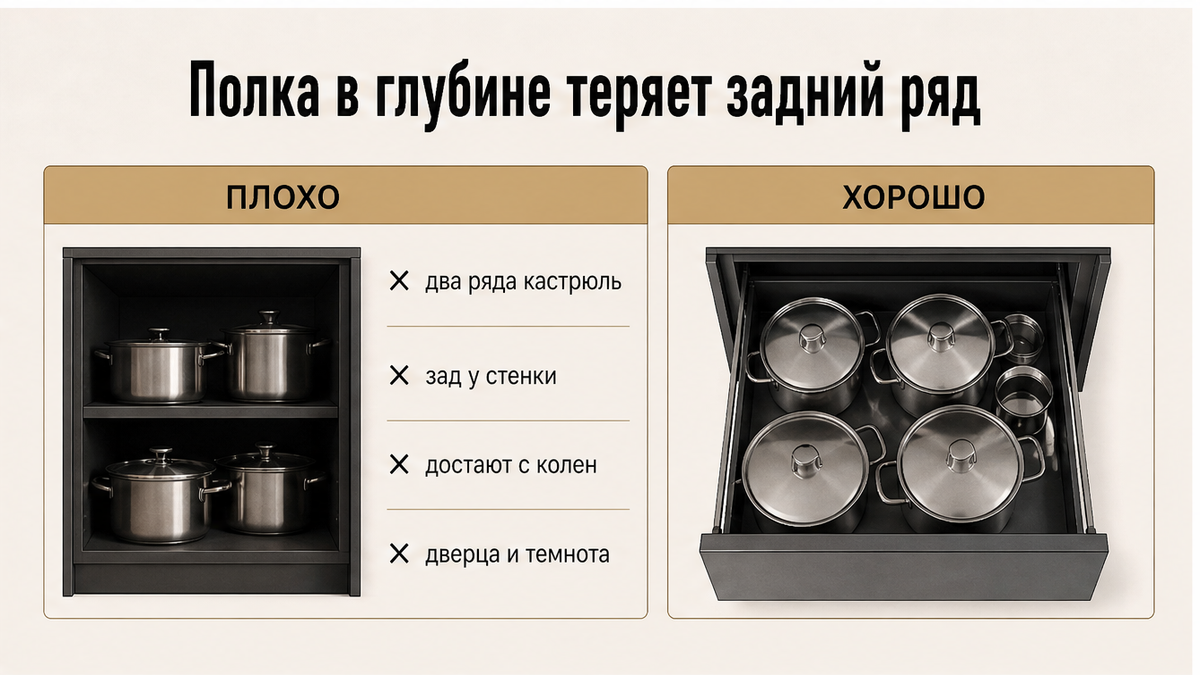 Схема: полка прячет задний ряд кастрюль, ящик открывает глубину сверху