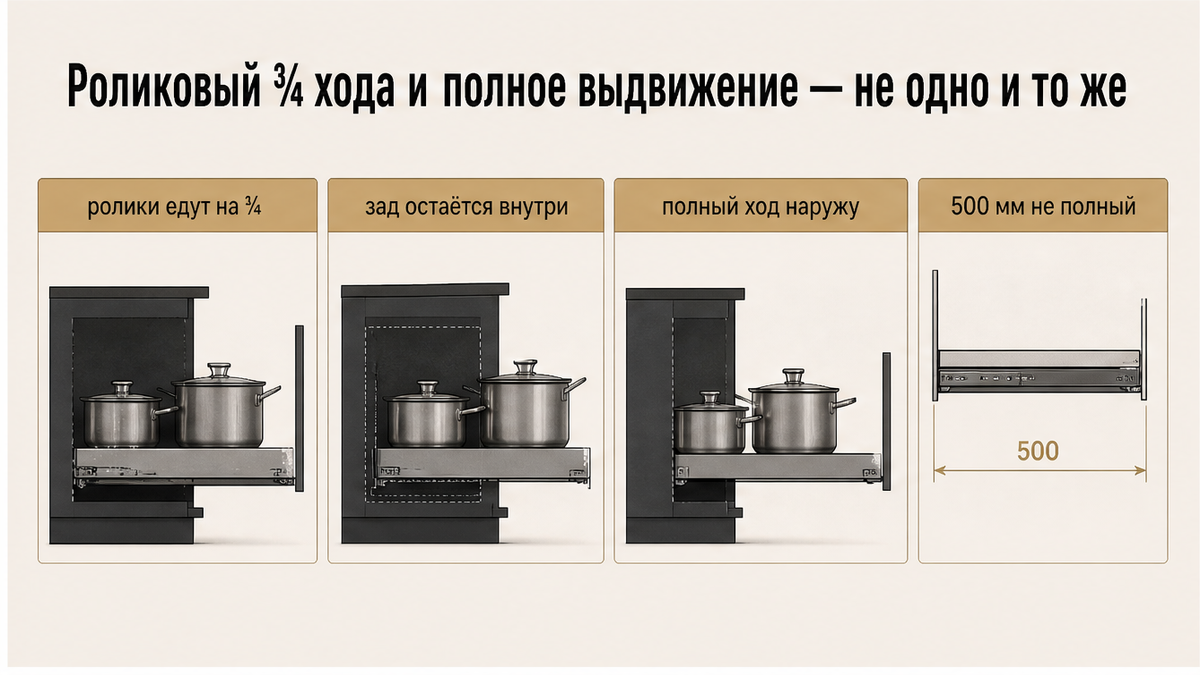 Схема: роликовый ход на три четверти и полное выдвижение