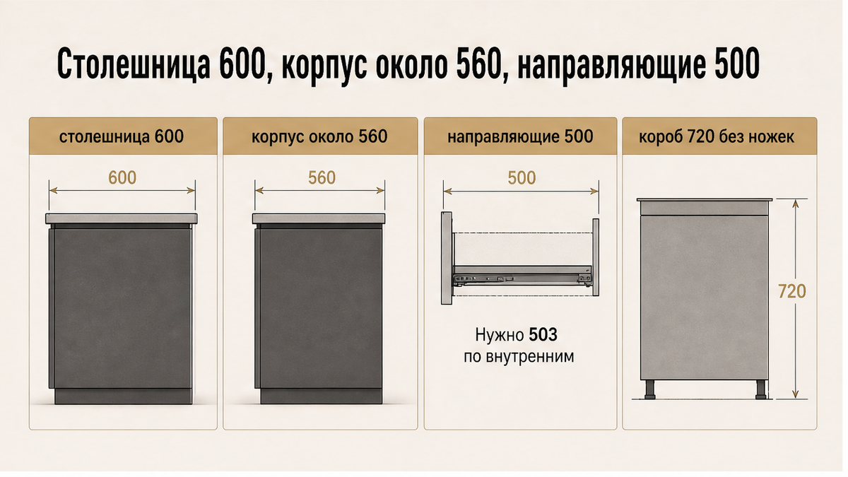Схема: столешница 600, корпус около 560, направляющие 500