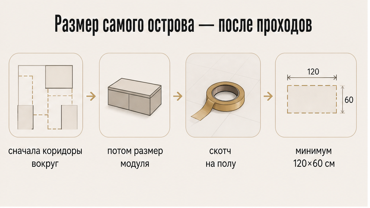 Схема: сначала коридоры вокруг острова, потом размер модуля