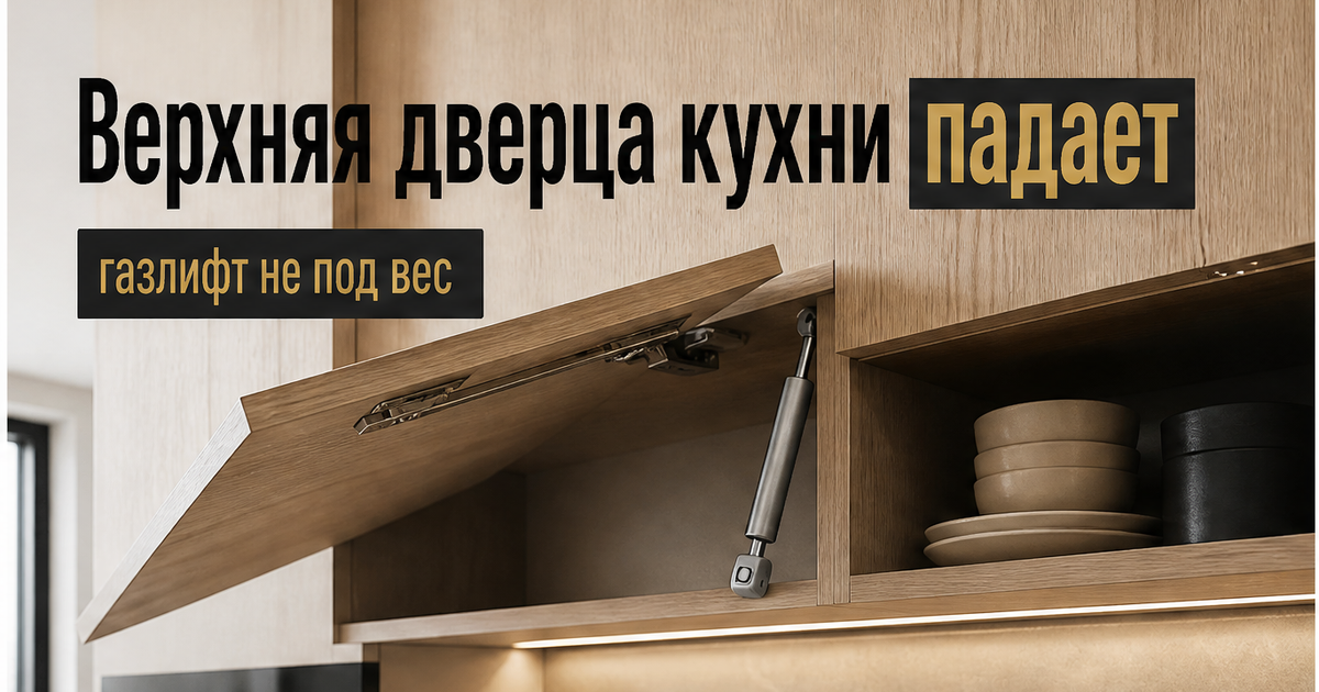 Иллюстрация: верхняя дверца кухни падает, если газлифт не под вес фасада