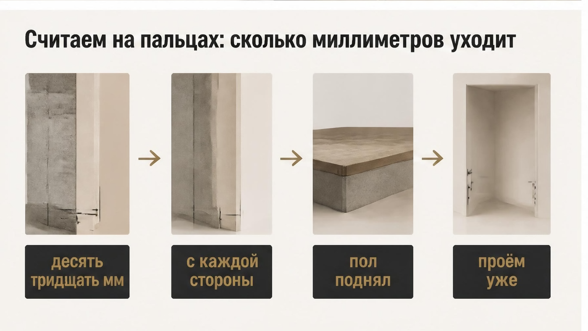 Схема: сколько миллиметров отделка съедает у проёма под шкаф