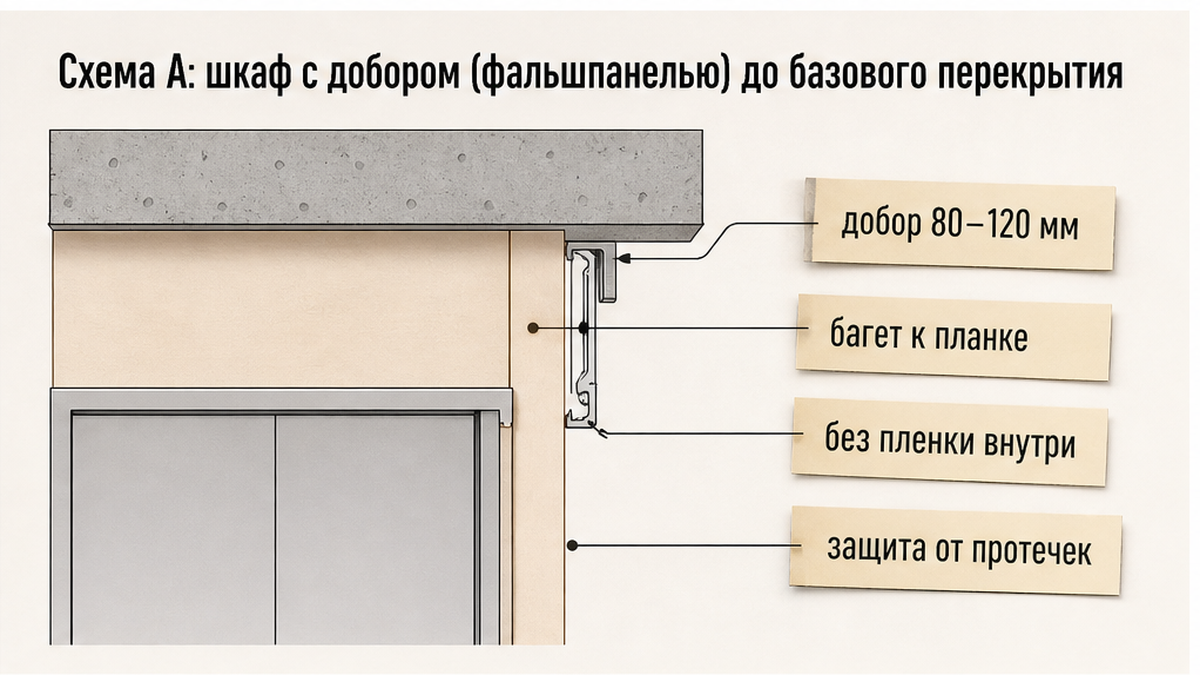 Схема А: узел примыкания натяжного потолка к фальшпанели шкафа