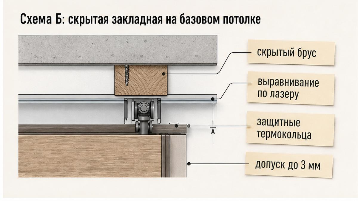 Схема Б: монтаж направляющей шкафа к скрытому закладному брусу