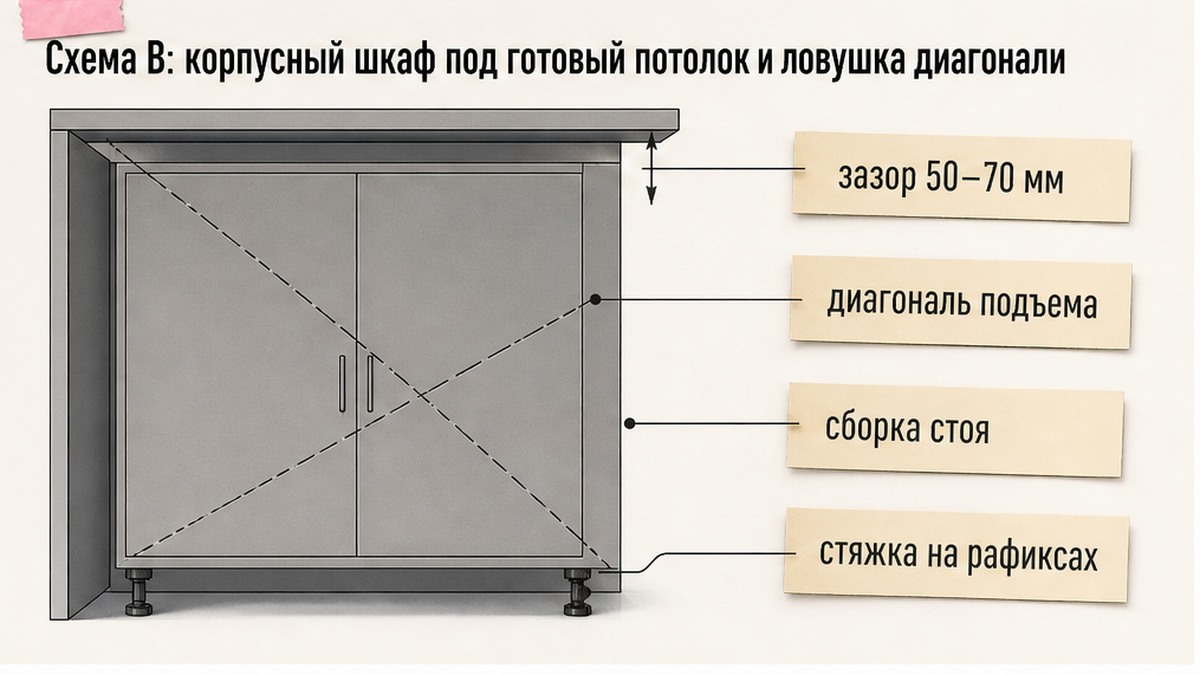 Схема В: расчет диагонали шкафа и вертикальная сборка каркаса