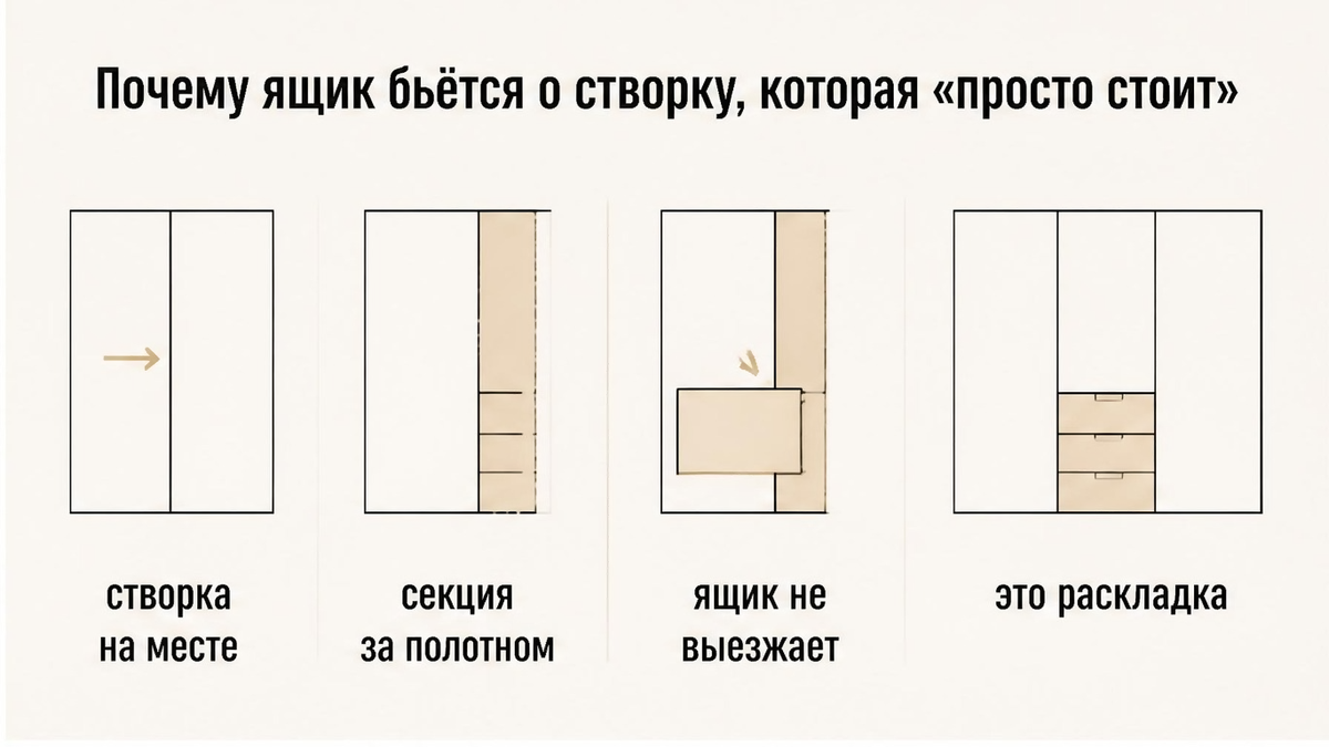 Схема: почему ящик бьётся о створку купе в обычном положении