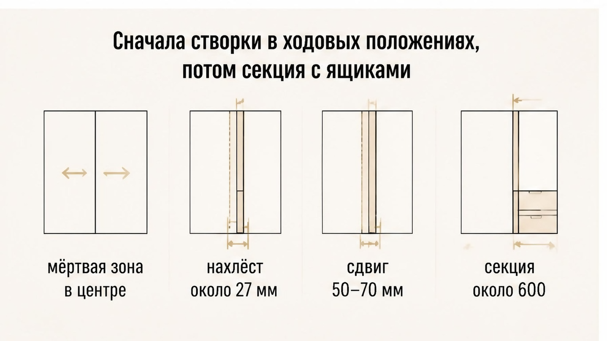 Схема: сначала ход створок, потом место секции с ящиками