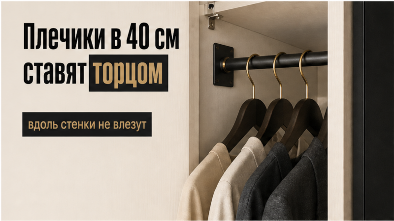 Взрослые плечики в узком шкафу вешают на торцевую штангу