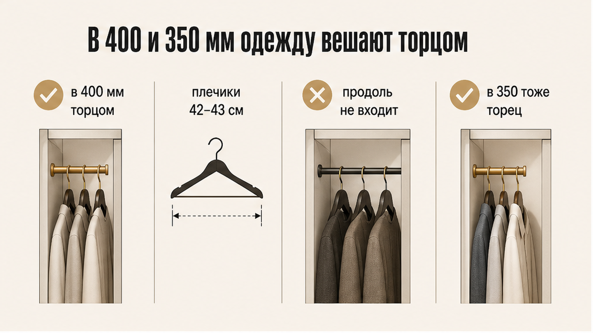 Схема: в корпусе 400 и 350 мм одежду вешают торцом