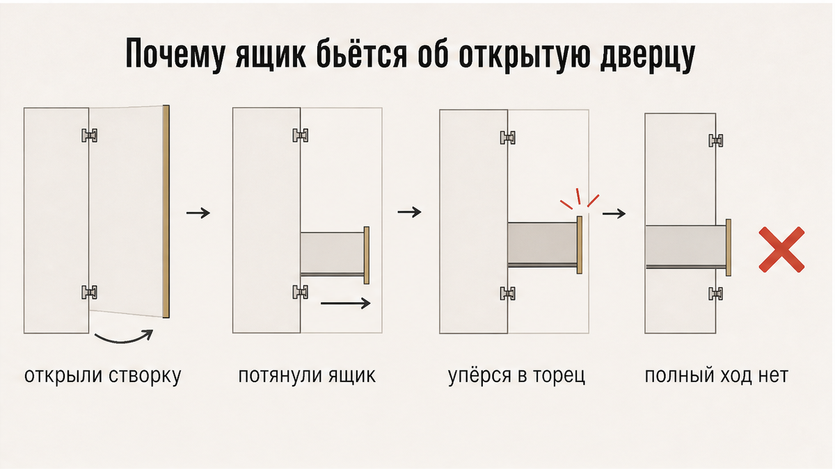 Схема: почему ящик бьётся об открытую дверцу